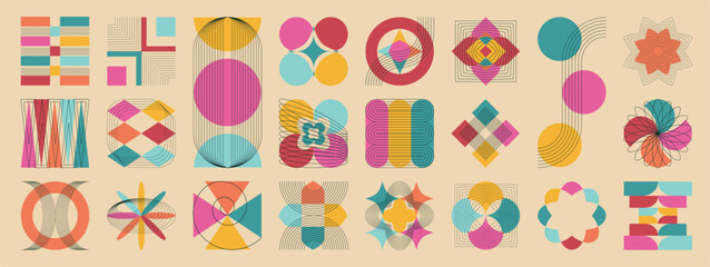 Obraz na płótnie Canvas Colorful abstract vector geometric element collection with circles, lines, layered shapes and retro mid century decorative symbols