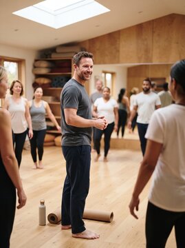 A man smiles while leading a group exercise class in a bright wooden floored studio, with participants moving together behind him during a workout session.