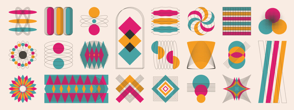 Retro abstract vector geometric element collection with colorful stripes, circles, diamonds and mid century decorative shapes