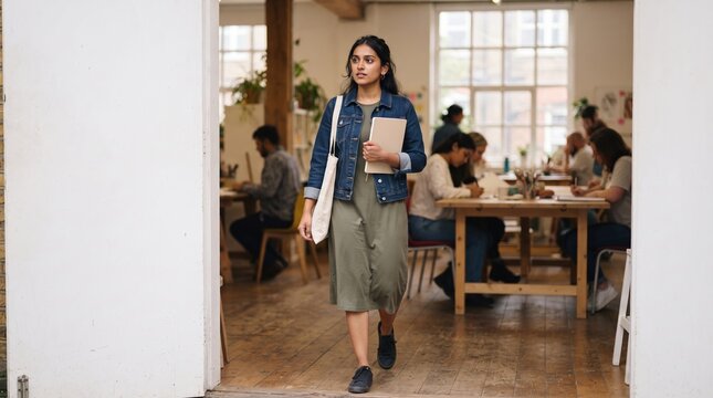 A young woman walks through a bright coworking space holding a notebook and tote bag, with people working at shared tables in the background.
