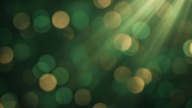 Forest green and gold bokeh highlights gently expand and contract through parallax depth with cinematic light rays, creating a sophisticated dreamy abstract background for video.