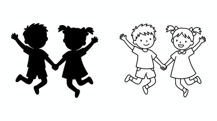 Fototapeta premium Happy children holding hands, jumping boy and girl silhouette and outline vector set