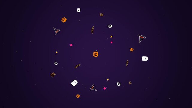 A pristine commercial-grade  motion graphic featuring an animated Halloween doodle explosion. Begins with a central smiling pumpkin from which hand-drawn vector doodles&mdash;including ghosts, bats, spider