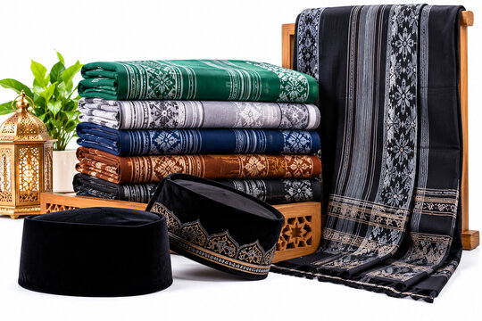 Traditional Indonesian sarong and peci arranged with Islamic clothing, representing Muslim culture, traditional fashion, religious identity, and cultural heritage.