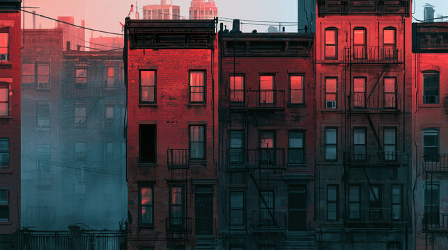 New York brownstone buildings red light urban architecture fire escape cityscape golden hour residential street