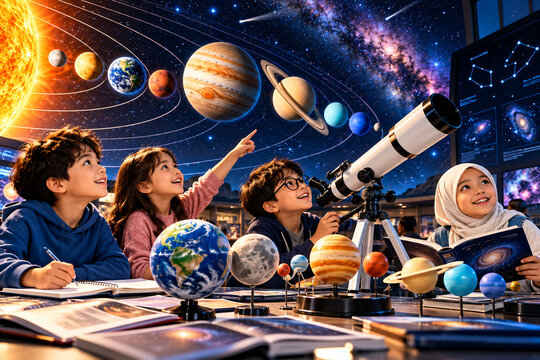 Children learning astronomy together with planets, stars, and space models in a classroom, representing science education, teamwork, curiosity, discovery, and STEM learning.