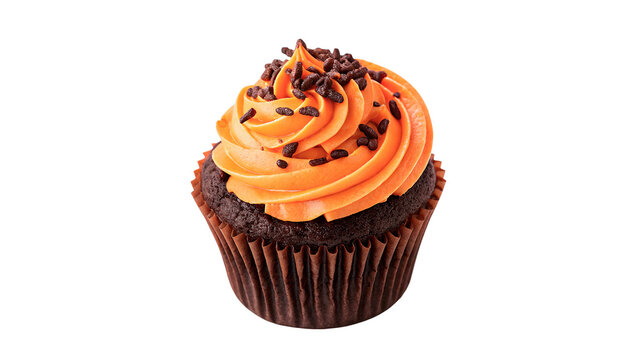 Delicious sweet chocolate frosted cupcake orange frosting isolated on transparent background