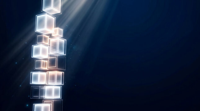 Futuristic Blockchain Data Cubes Stacking under Bright Light Beams on Dark Blue Background, Abstract 3D Render Illustration of Cryptocurrency Technology and Digital Cloud Computing.
