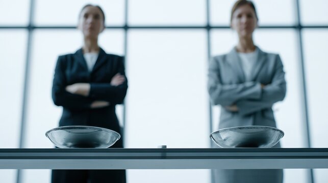 Two businesswoman standing with arms crossed in front of a table with a plate and bowl. One is wearing a black suit and the other a grey suit