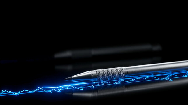 Sleek silver stylus pen tracing glowing blue digital financial line graph on dark reflective surface, representing high-tech stock market analysis and online trading data in 3D render.
