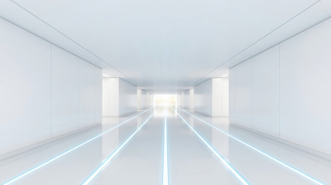 Futuristic white corridor with glowing blue neon light strips on the floor leading to a bright exit, minimalist high-tech laboratory or spaceship interior design with 3D render style.