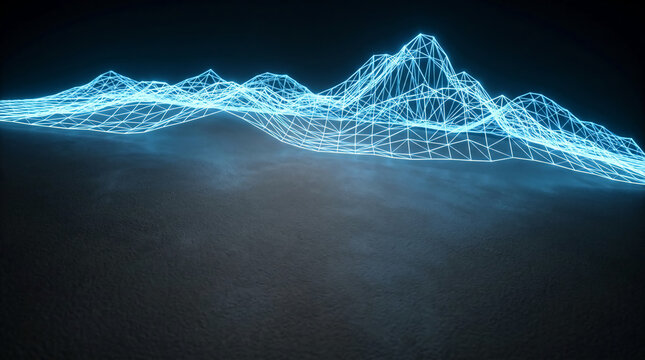 Futuristic Glowing Blue Wireframe Mountain Landscape Rises Over a Dark Textured Surface in a Virtual Cyberspace with Atmospheric Mist Representing Big Data Visualization and AI Technology