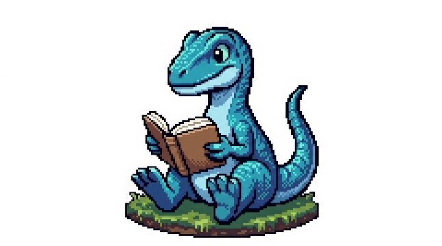 A charming pixel art dinosaur in vibrant shades of blue sits comfortably on a grassy patch, deeply engrossed in reading a brown book held in its small hands in this delightful illustration