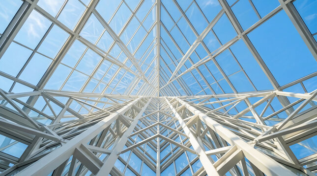 Low Angle View of a Modern White Steel Frame Glass Pyramid Skylight Against a Clear Blue Sky providing Natural Light to a Contemporary Building Interior with Geometric Patterns.