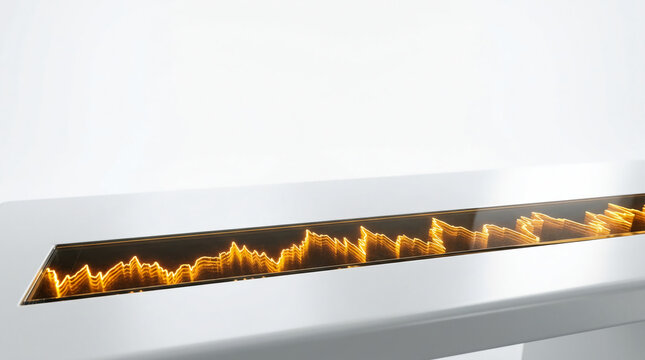 Golden Glowing Financial Stock Market Graph and Data Visualization Rising on a Minimalist White Futuristic Desk Surface representing Growth and Success in Global Business, 3D Illustration