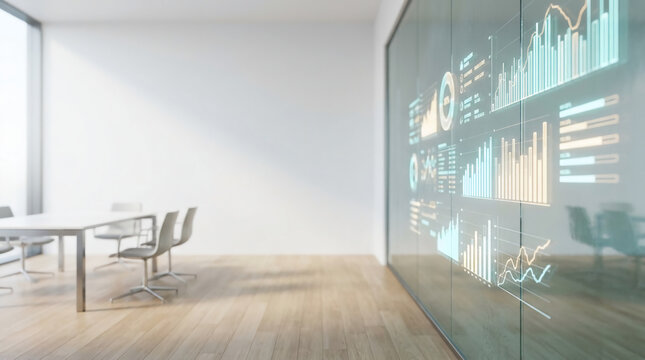 Futuristic digital data dashboard visualization on glass wall in minimalist modern conference room with wooden floor, bright natural lighting, corporate business analytics concept.