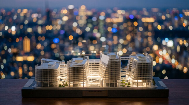 Illuminated modern architectural model of a futuristic office building complex on a desk against a blurry city skyline with glowing bokeh lights at night for urban planning concept.