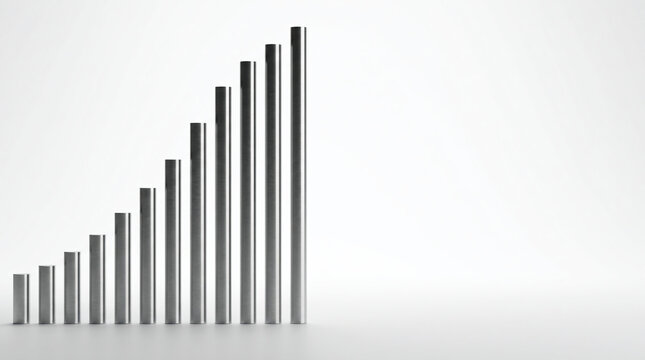 Rising financial bar chart with polished chrome cylinders showing business growth and success on a clean white background with soft studio lighting in a minimalist 3D render style.