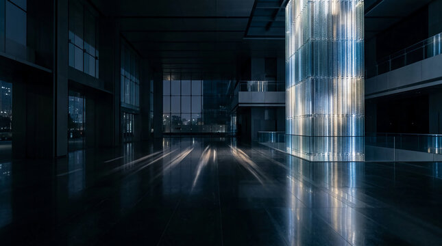 Modern corporate lobby interior featuring a glowing glass light column reflecting on a polished dark floor at night, sleek architectural design with a moody cinematic atmosphere.