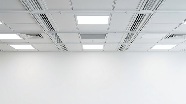 Modern office ceiling with recessed square LED lighting panels and HVAC ventilation diffusers in a clean minimalist corporate workspace with white walls and bright professional atmosphere.