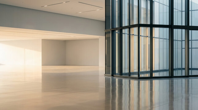 Modern empty building interior featuring floor-to-ceiling glass windows and polished reflective floors in a minimalist office lobby with soft warm sunset lighting and clean architecture.