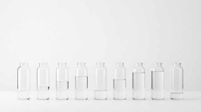 Minimalist Row of Glass Bottles with Varying Clear Water Levels on a White Background, Representing Scientific Research, Measurement, and Pharmaceutical Progress in a Clean Studio Setting