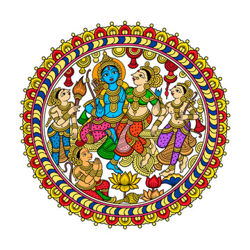 Lord Rama with Sita Lakshman Bharat and Hanuman traditional Hindu devotional illustration....
