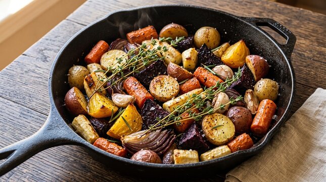 Roasted root vegetables in cast iron skillet, rustic oven baked potatoes and carrots with herbs, healthy autumn harvest dinner on wooden table
