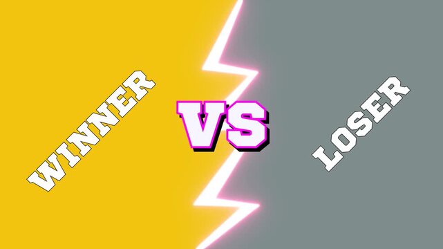 Versus showdown splits yellow and gray panels with glowing lightning bolt and VS emblem. Winner and loser text animates diagonally for sports, contests, and victory themes. Dynamic rivalry energy.