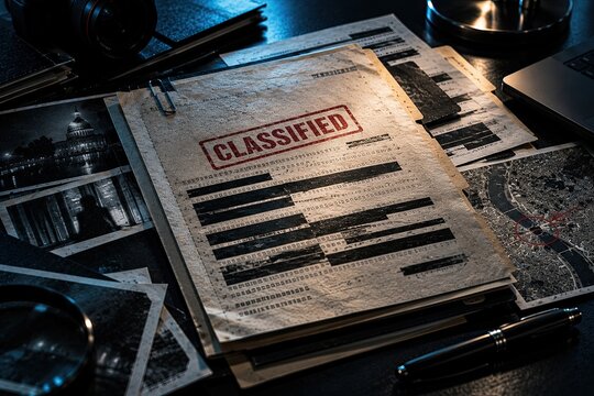 Classified document file with redacted text, photographs, maps and investigation material arranged on a dark desk under dramatic cinematic lighting.