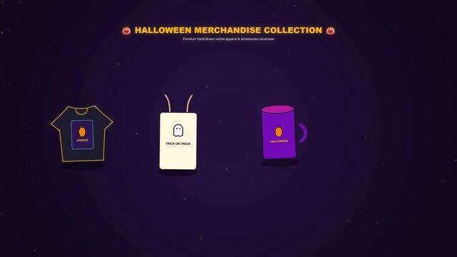 A pristine commercial-grade 4K motion graphic showcasing generic Halloween merchandise including T-shirts, tote bags, mugs, and sticker sheets decorated with hand-drawn vector illustrations
