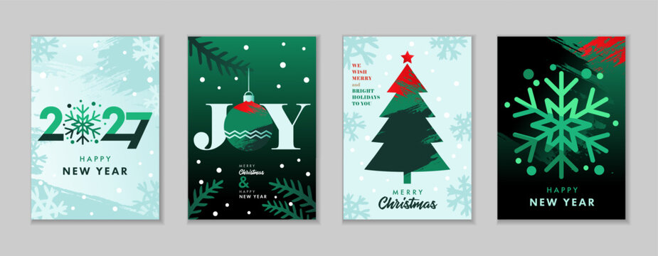 Set of grunge-style greeting cards in green tones for New Year 2027 and Merry Christmas. Vector illustration for Happy New Year 2027 sale banners design