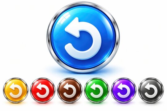 Metallic reload reset circular arrows button icons in multiple colors.