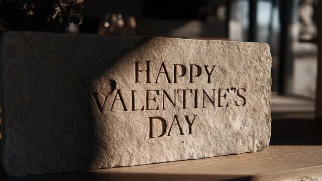 Happy Valentine's Day embossed and engraved on a natural stone slab within a luxury modern living space subtle shadows premium materials crisp clarity