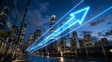 Fototapeta na wymiar Low angle view of a modern city skyline at night with a large glowing blue neon arrow pointing upwards and the text new heights, representing business growth, success, and future progress.