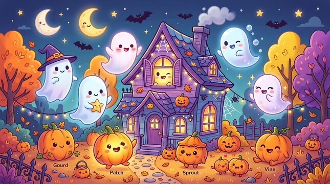 Cute cartoon haunted house with friendly ghosts and smiling pumpkins in a night garden
