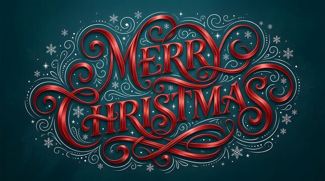 Elegant merry christmas typography with glossy red 3d lettering and intricate white flourishes on a dark teal background