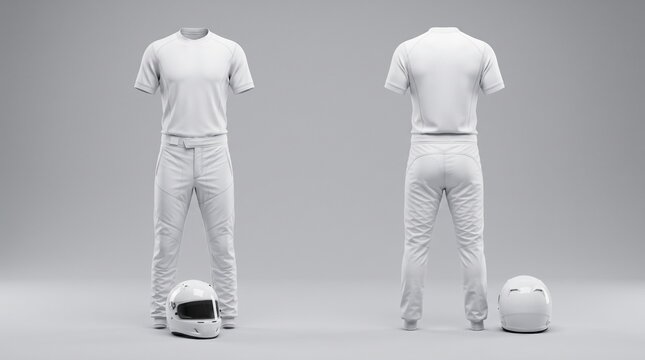Front and back mockup set of a short-sleeve white sports suit with pants and a matching white helmet
