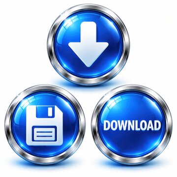 Glossy blue circular buttons with download save and arrow iconography set.