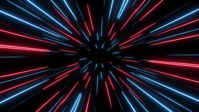 Abstract glowing neon lines accelerating through a dark digital tunnel with cinematic motion
