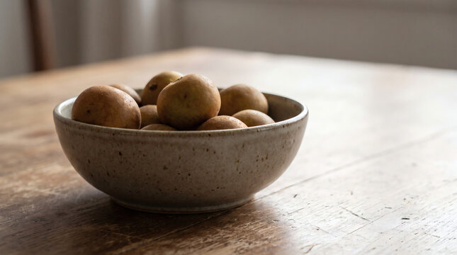 Fresh sapodilla fruits in a ceramic bowl on a wooden table