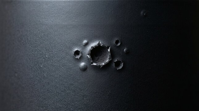 Bullet holes and impact marks on a dark metal surface texture