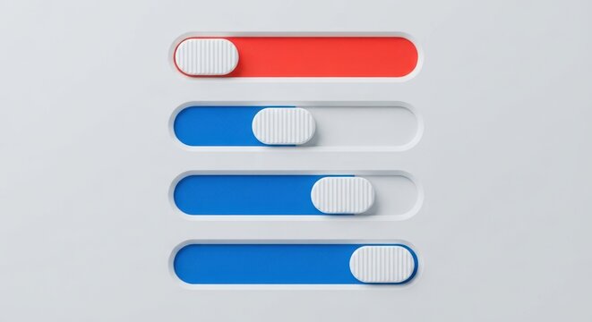 Modern slider toggle interface elements in red and blue 3d aesthetic.