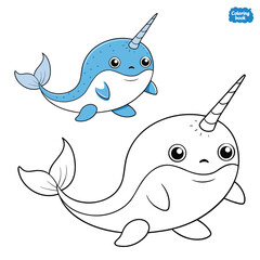Cute Cartoon Narwhal Coloring Page – Colorful and Black‑and‑White Ocean Animal Illustration for Kids Education and Creative Art Projects © Ashikuzzaman