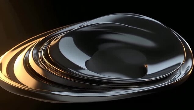 Liquid black chrome metallic curved ribbon undulating smoothly in dark space.