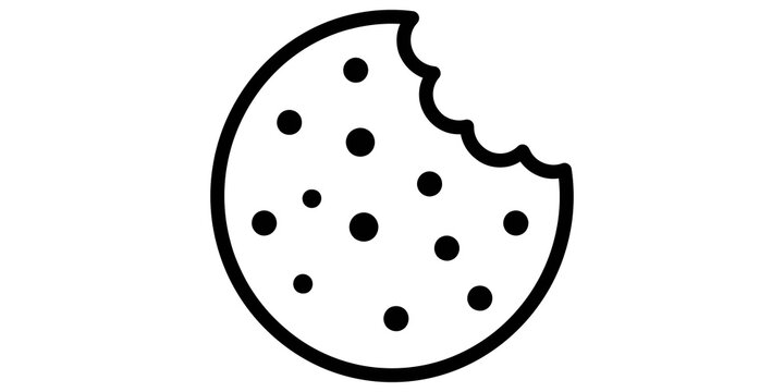 Outline icon of a round cookie with chocolate chips and a bite taken out, for baking or snacks.