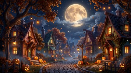 Fototapeta premium Enchanted Pumpkin Village at Night with Glowing Lanterns