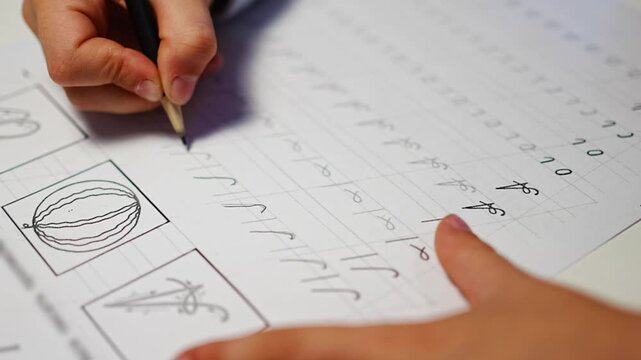 First grade student practices writing letters with pencil in workbook. Early literacy and handwriting skills develop with selective focus and shallow depth of field