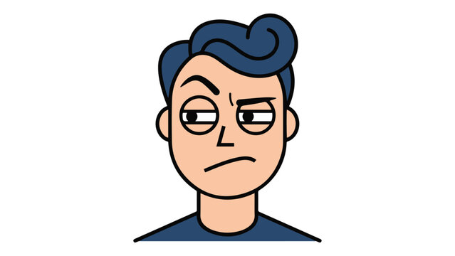 A skeptical cartoon man avatar with a raised eyebrow and sideways glance conveying doubt, suspicion, annoyance, or judgment. Flat vector style ideal for profile icons, reactions, messaging