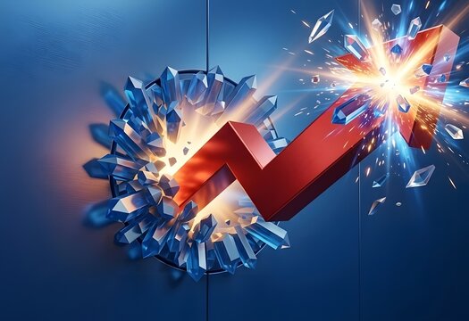 Red 3D arrow breaking through blue crystal wall with dynamic explosion at arrow tip symbolizing financial market growth and business breakthrough